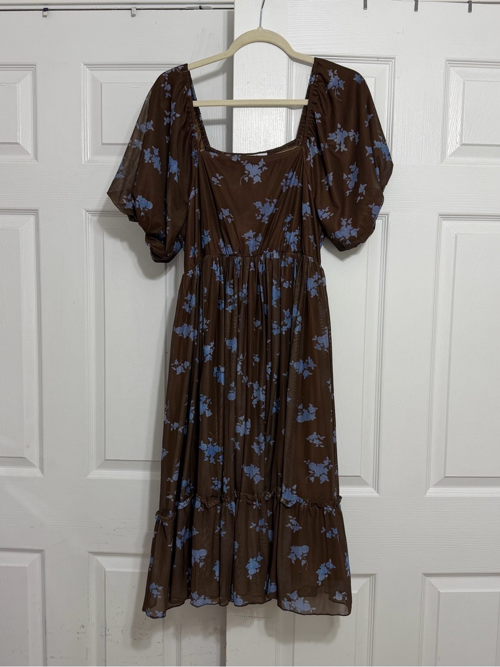 Polagram Brown Midi Dress with Blue Floral Print